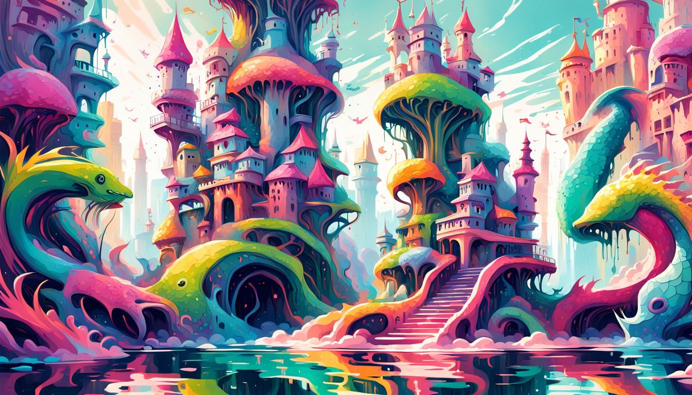 Futuristic Fantasy Labyrinth with Dragon and Mermaid