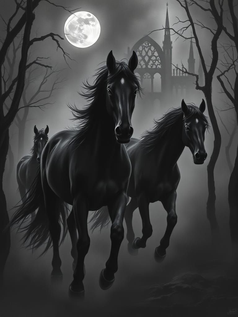 Dark Horses in Gothic Forest: Monochrome Palette