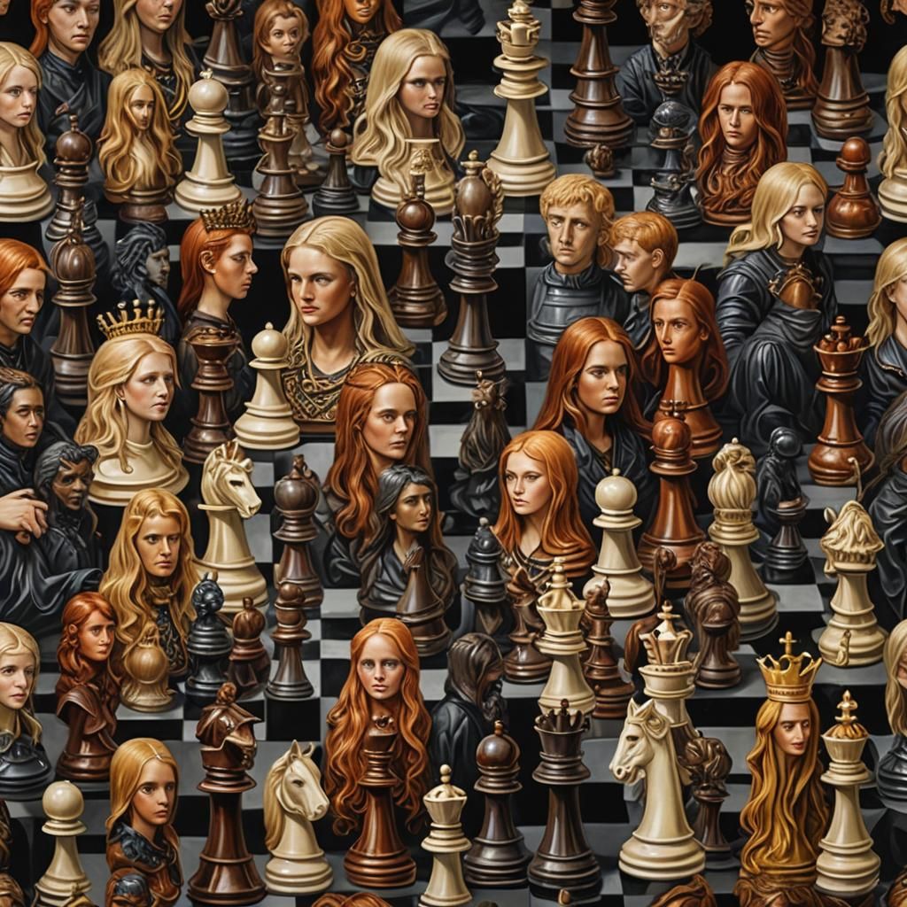 Chess Board With Faces in Maximalist Style