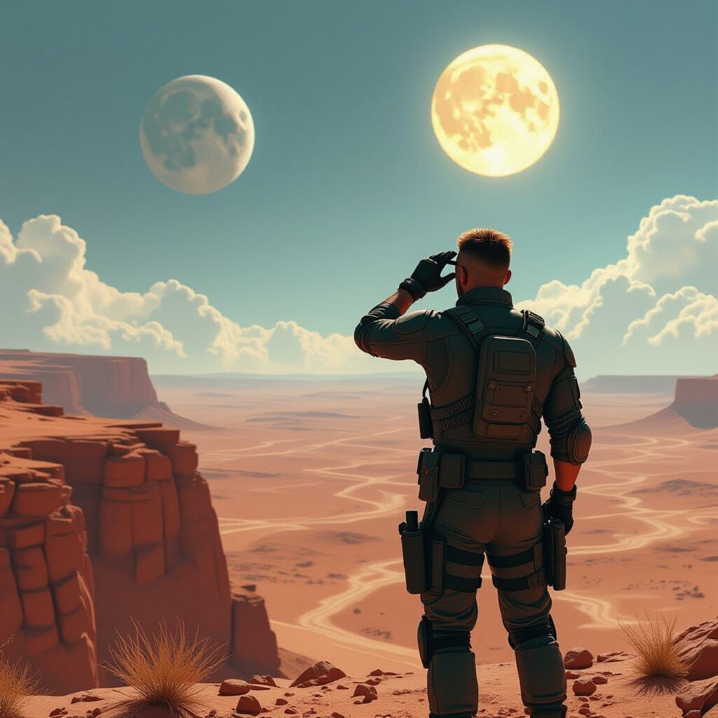 Alien Desert Landscape with Lone Hero Under Twin Moons
