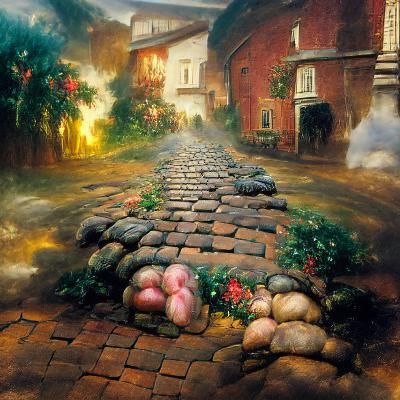 Idyllic Cobblestone Road Landscape Painting
