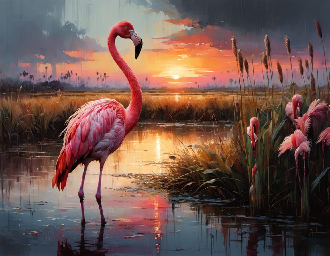 Beautiful Flamingo in Sunset Cattail Marsh