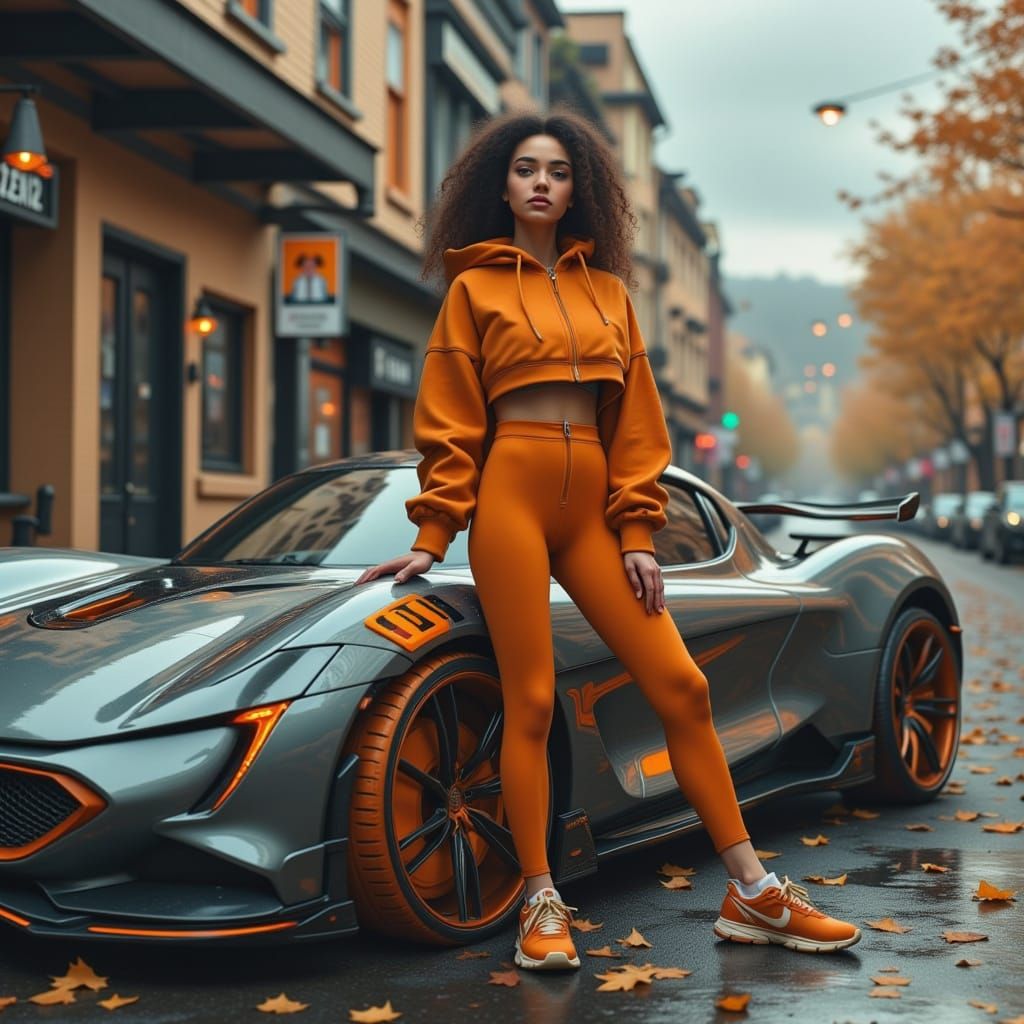 Futuristic Fashion Model with Sports Car, Photorealistic Sty...
