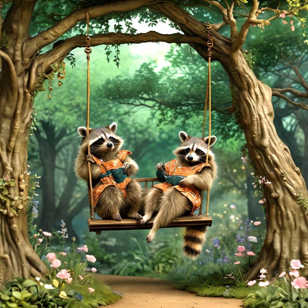 Raccoon Mother and Daughter on a Swing