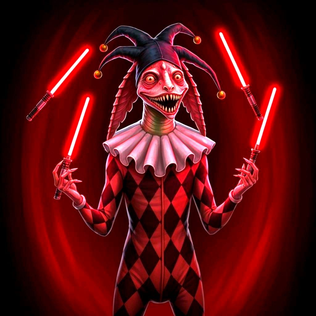Scary Harlequin Jar Jar Juggling Red Lightsabers