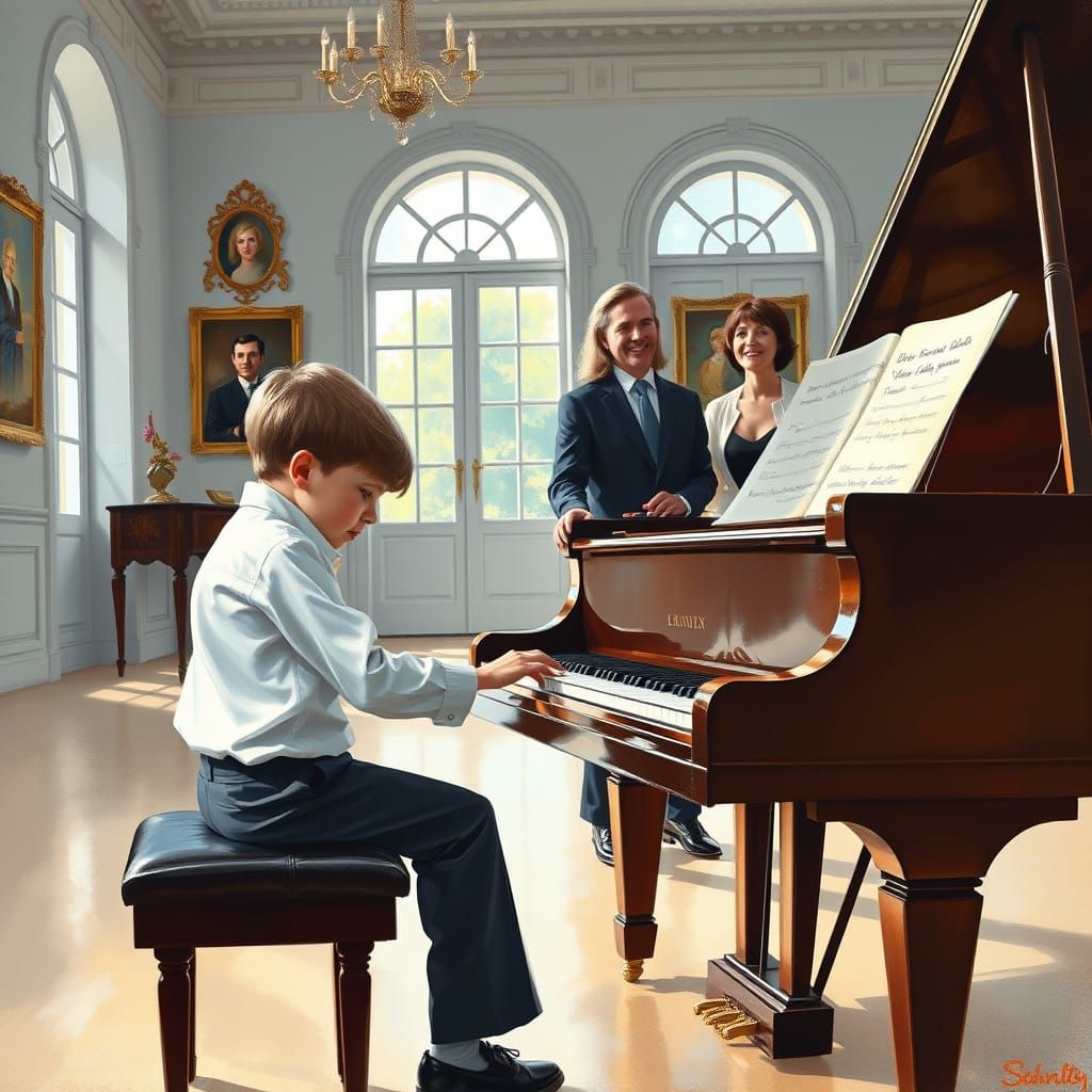 Boy Plays Piano in Elegant Gallery Setting