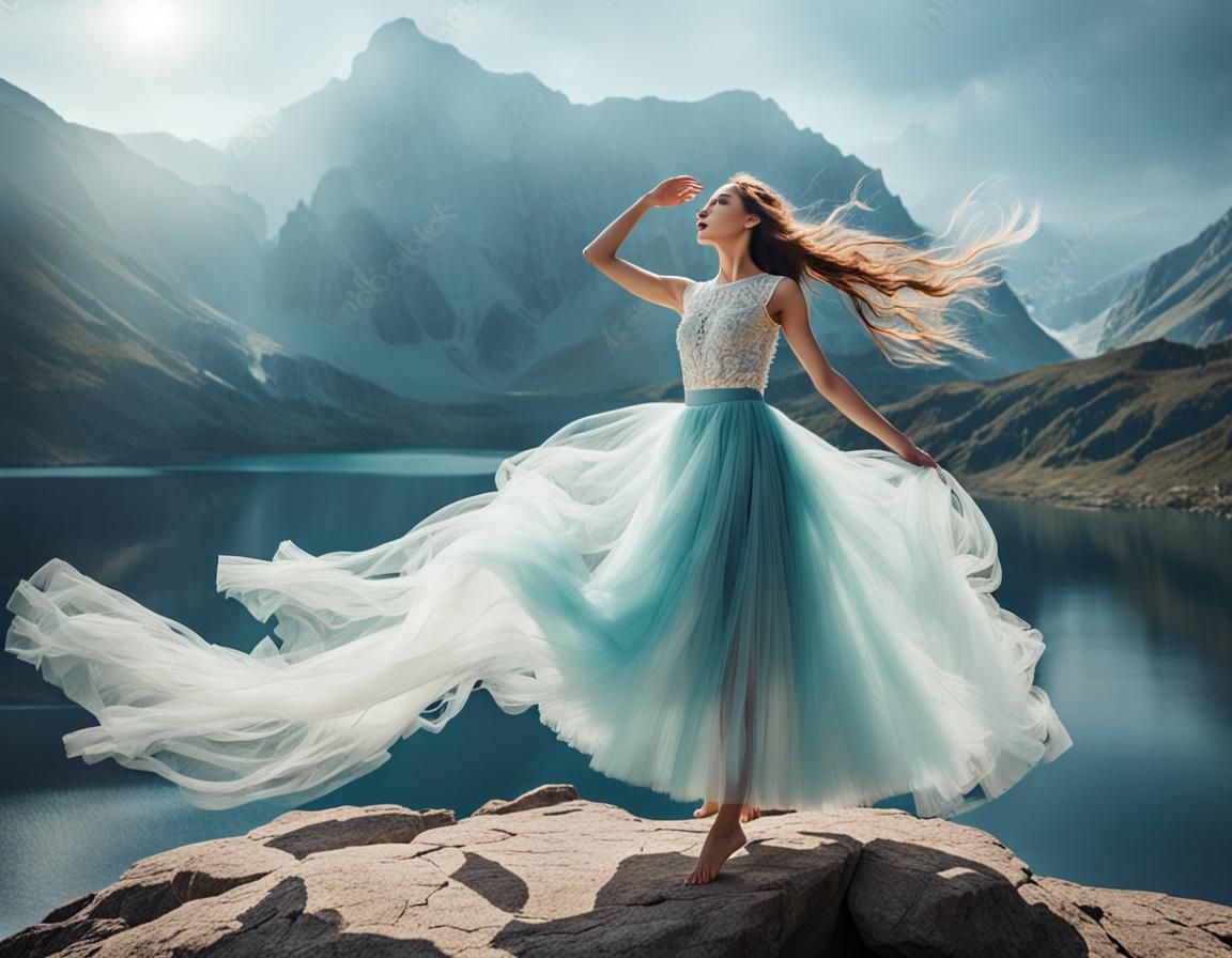 Dancing Girl in Tulle Dress with Lake View