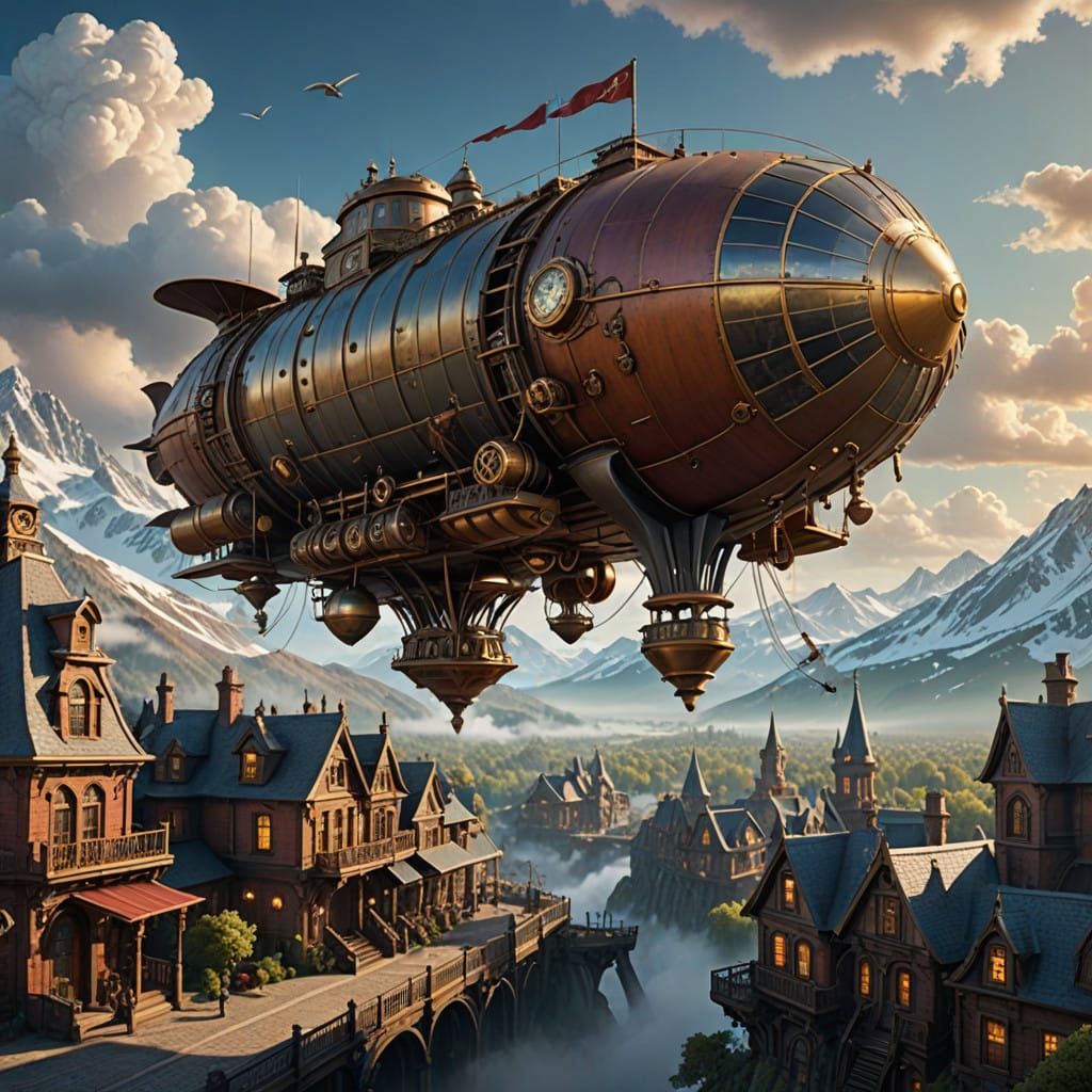 Elegant Steam-Powered Airship soars through a Fantasy World