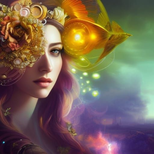 Steampunk Woman Portrait with Floral Clockwork Details