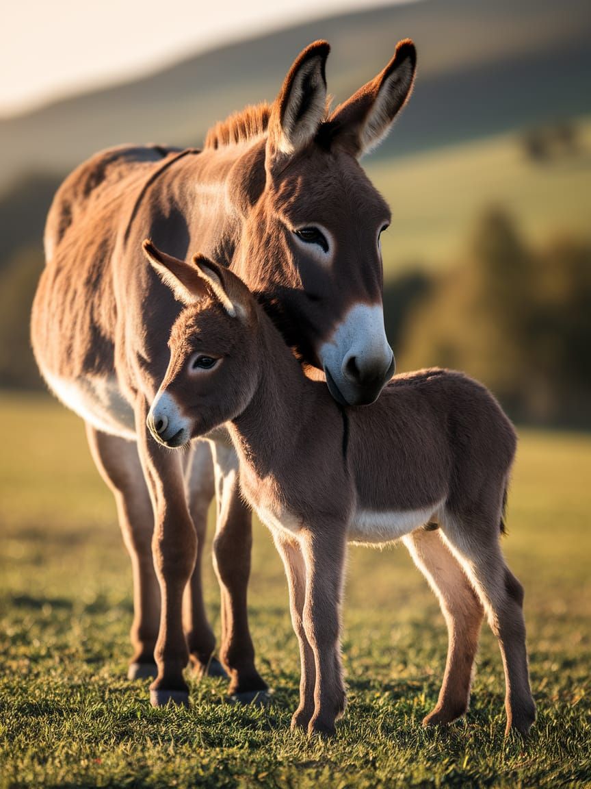 Mother Donkey Cares for Her Curious Colt in a Lush Green Fie...