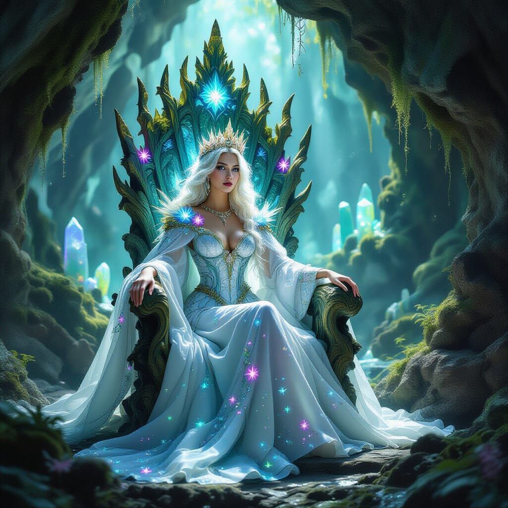 Regal Queen in Bioluminescent Grotto, Gothic Fantasy Art