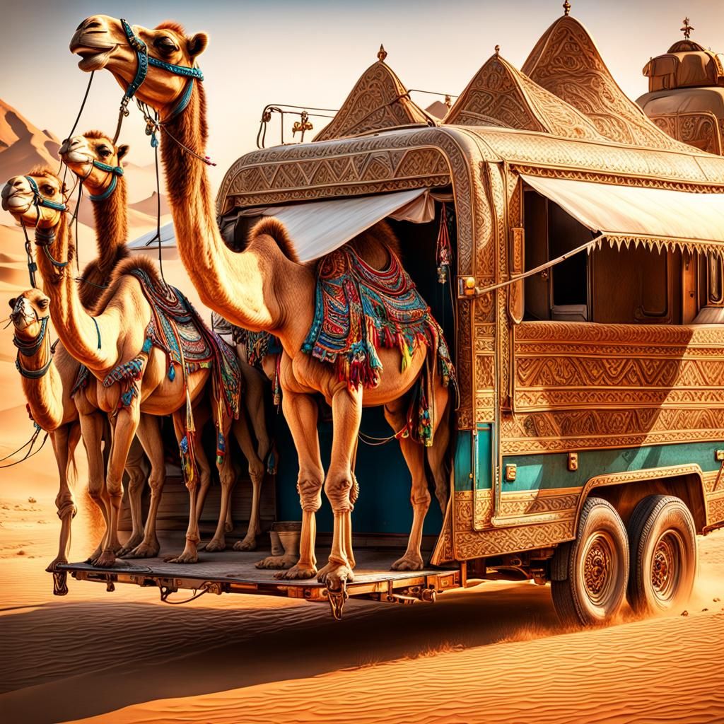 Camels in Caravan, Photorealistic 8k Resolution