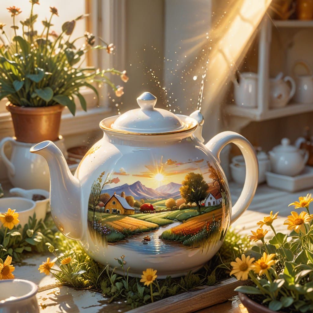 Vibrant Farm Scene Inside Teapot Watercolor Still Life