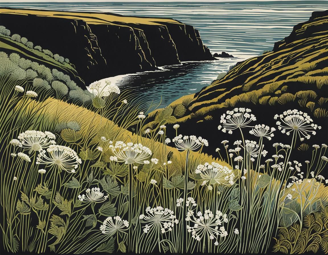 Umbelliferous Plants on Cliff as Hand-Colored Linoprint
