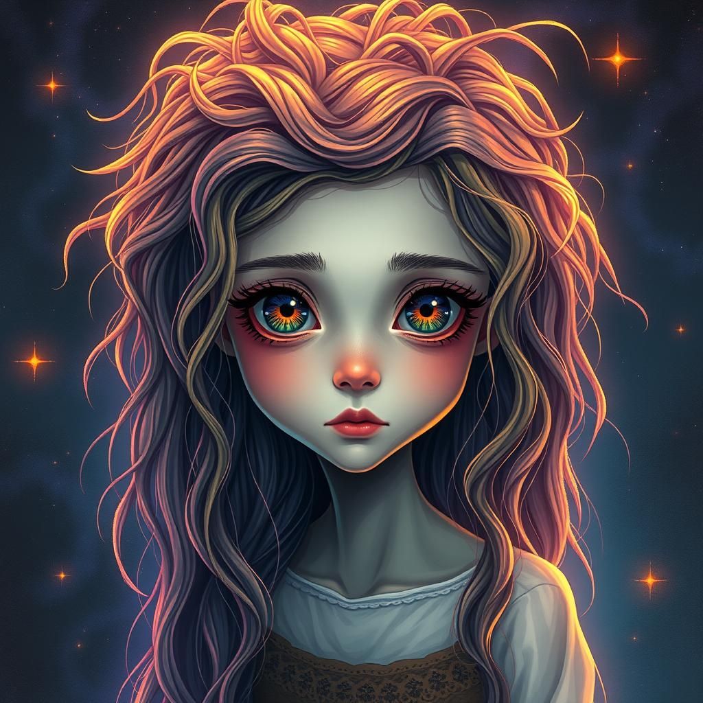 Cosmic Girl with Expressive Eyes in Holographic Illustration