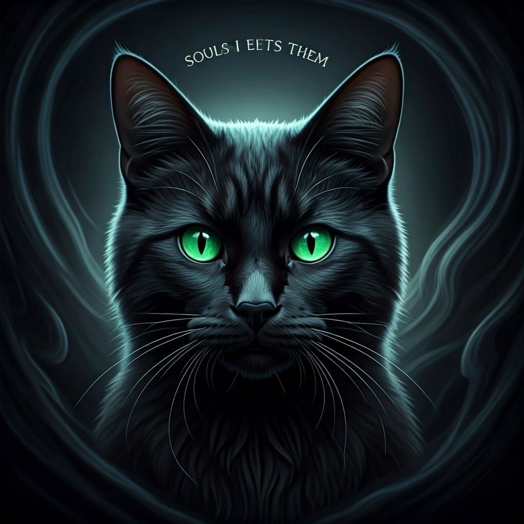 A scary Halloween black cat eyes with the Words Souls
I eets them