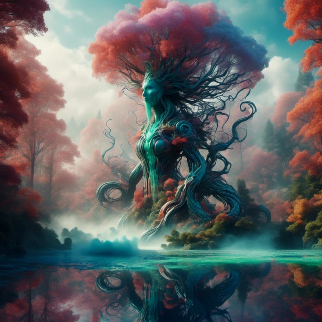 Colorful Non-Newtonian Fluid Lake with Serpent Woman