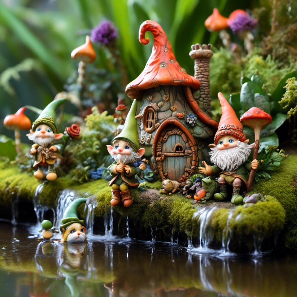 Gnomes Playing by River: Whimsical and Adorable