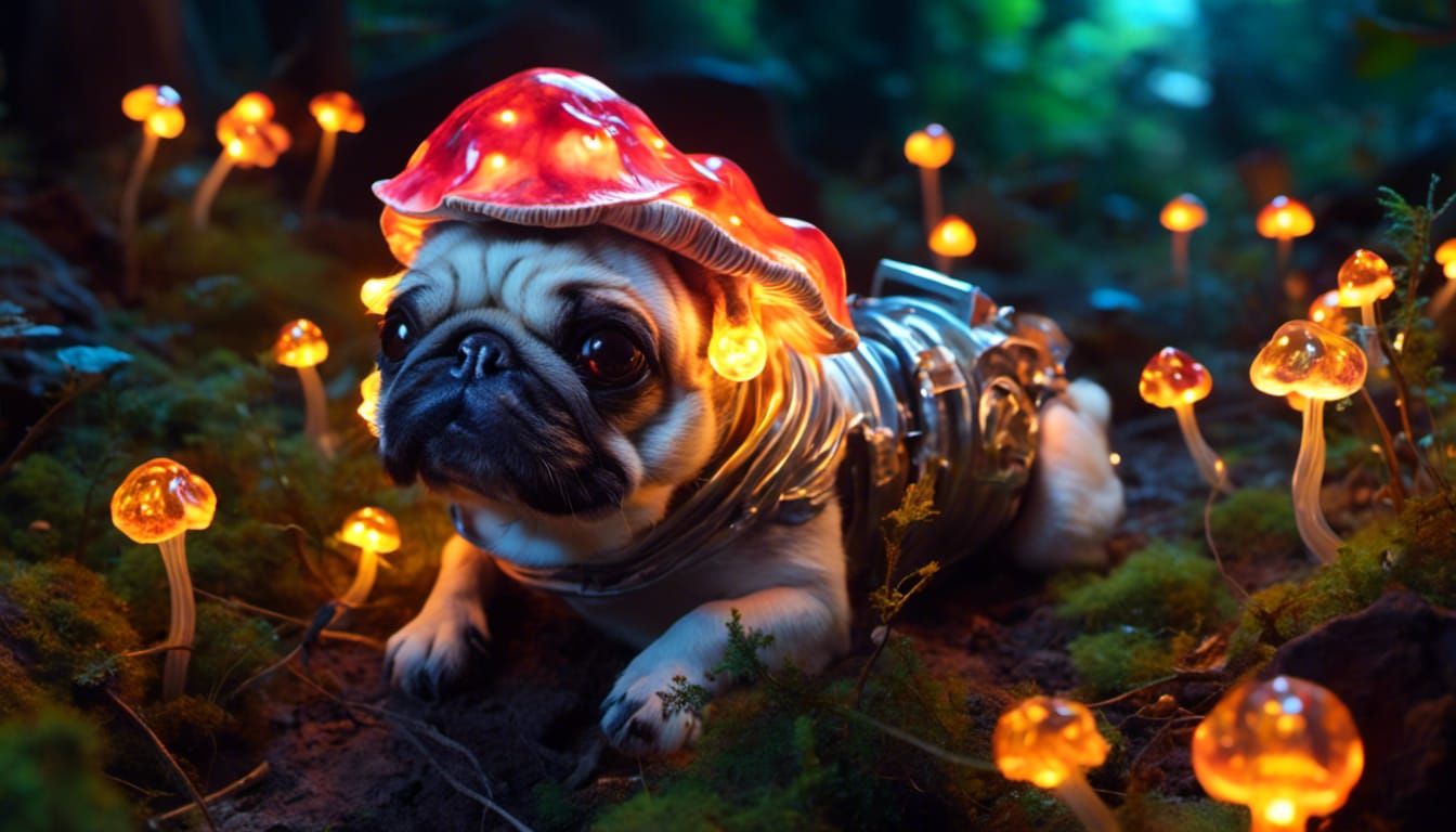 Fantasy Glowing Mushroom Scene with Pug