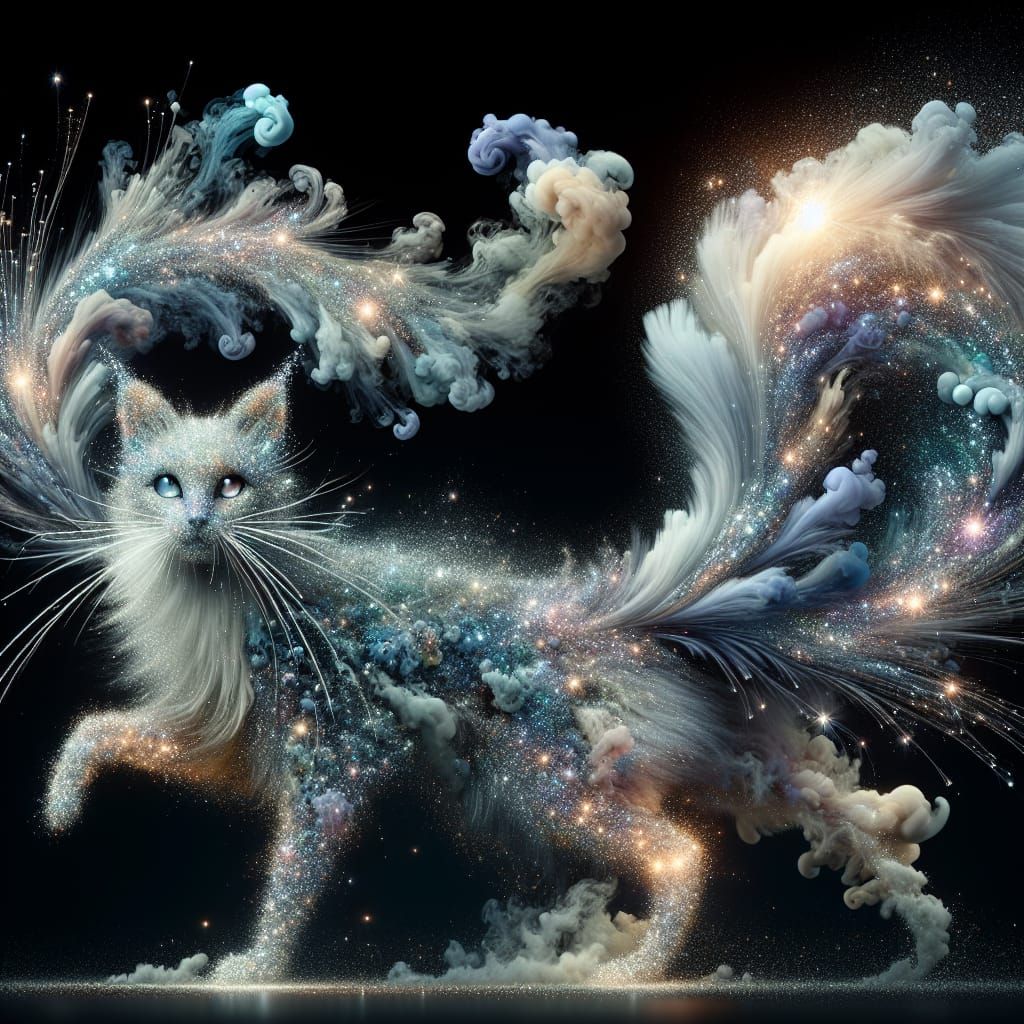 Whimsical Glittercore Cat Frolicking in Starry Mist