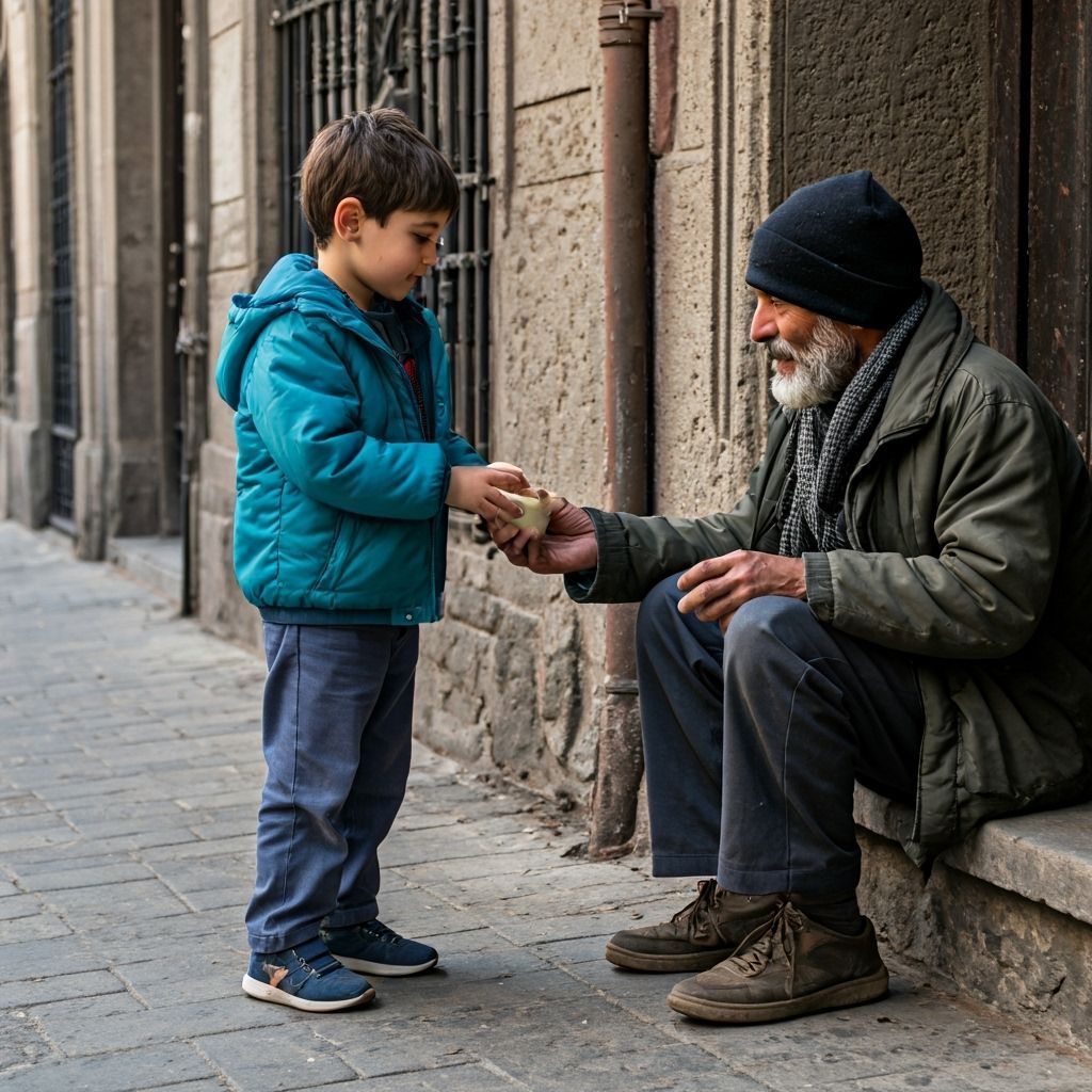 Boy Shares Food with Homeless Person, Symbol of Hope