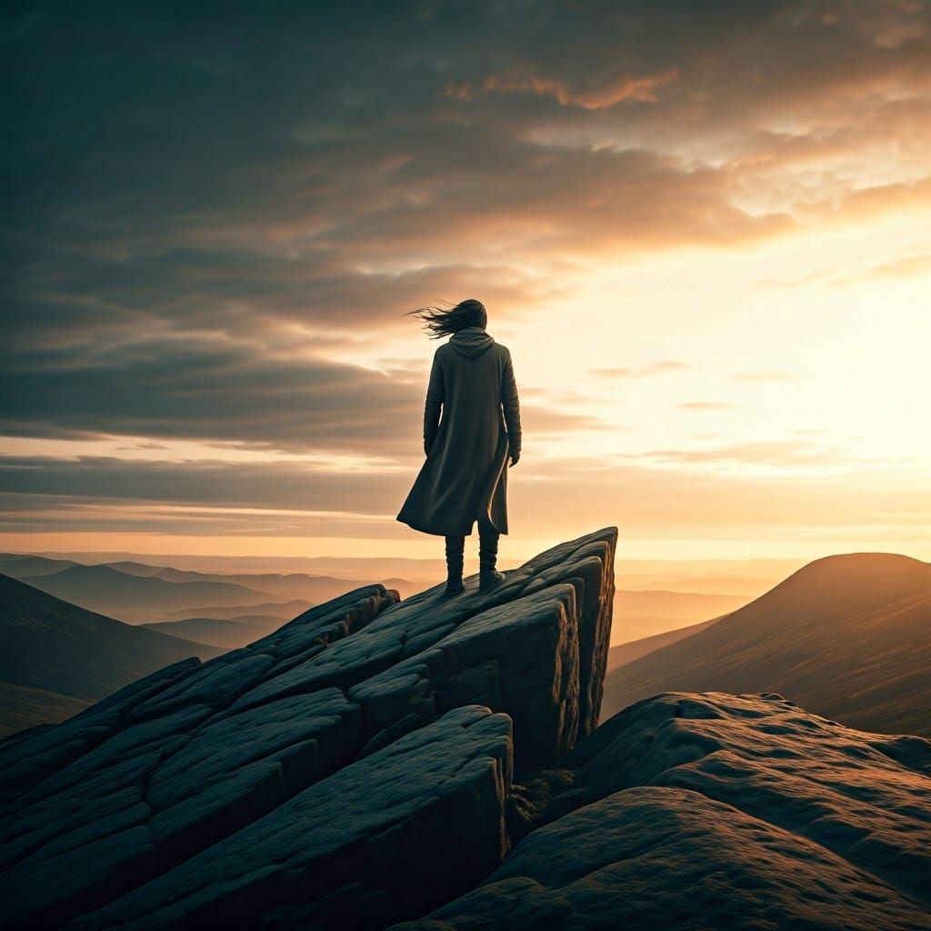 Golden Hour Landscape: Lone Figure in Dramatic Vista
