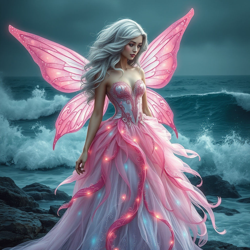 Pink Fairy on Stormy Shore in Amy Brown Style