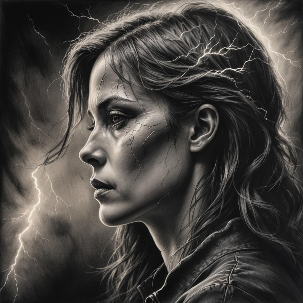 Ghostly Female Portrait in Charcoal with Lightning