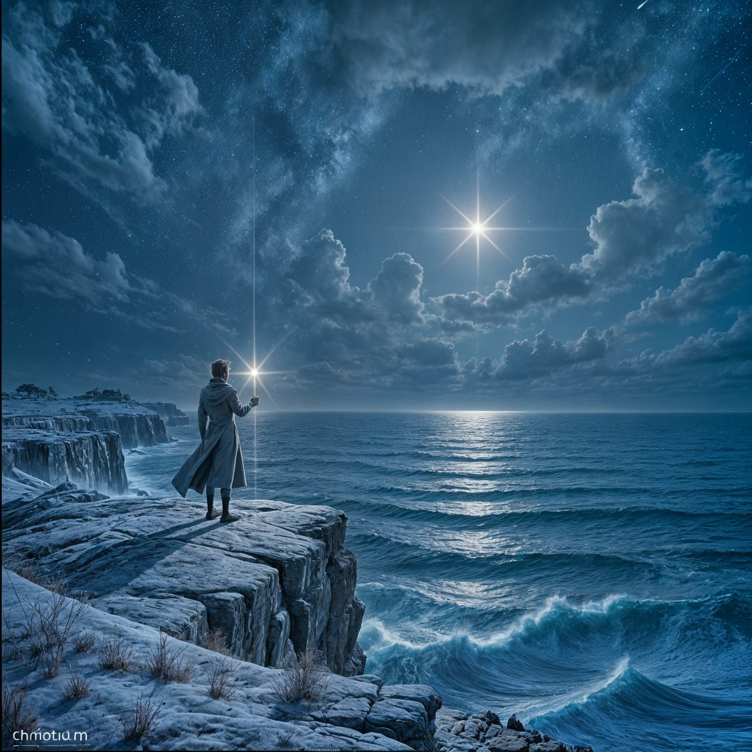 Man on Cliff Overlooking Starlit Ocean with Ethereal Flute