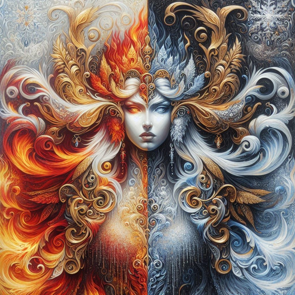 Elegant Princess Embodies Fire and Ice in Art Nouveau Oil Pa...