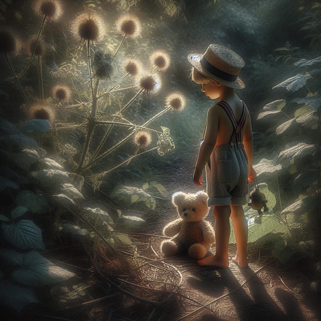 Boy with Plush Toy in Oil Painting Style