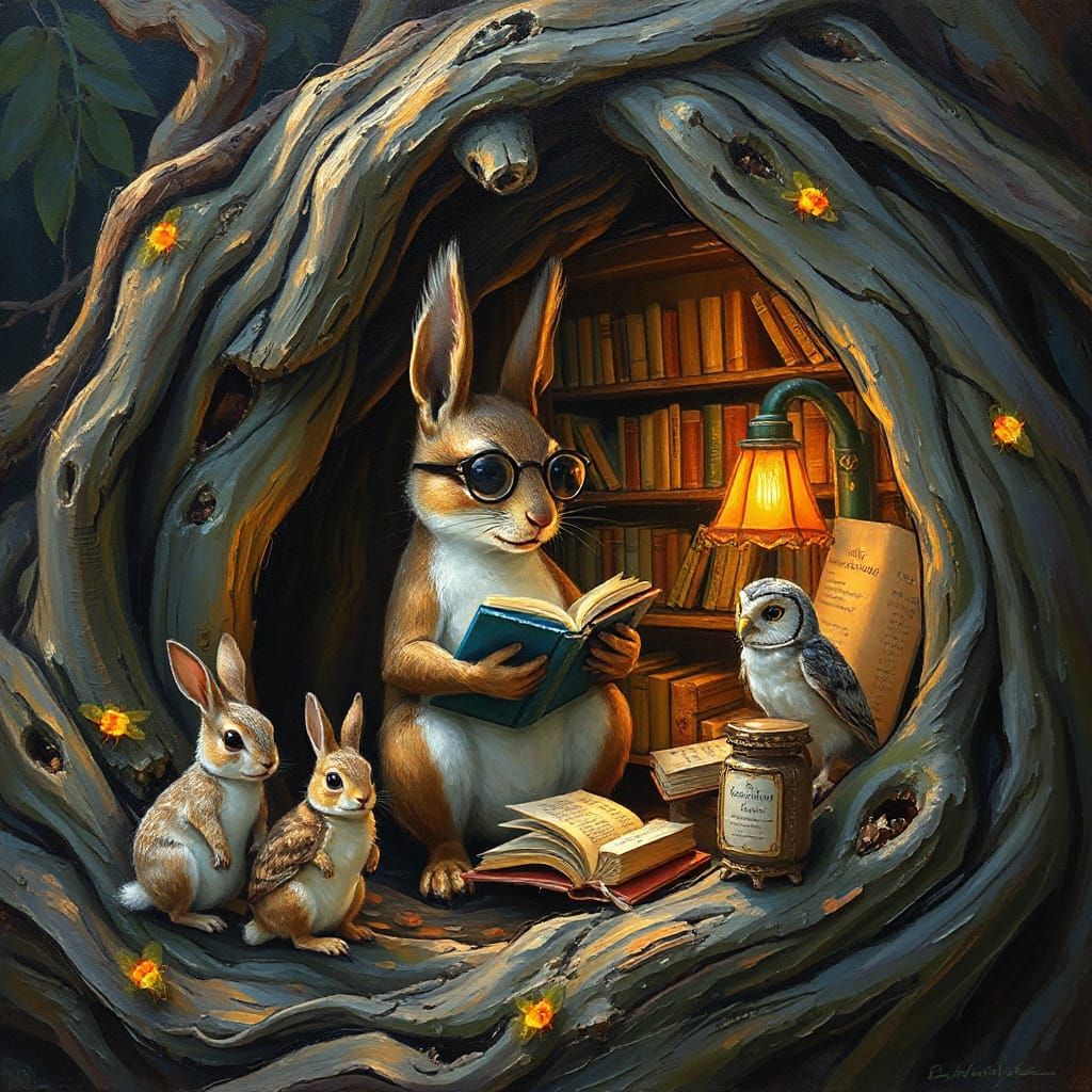 Surreal Squirrel Bookshop Scene in Expressive Impressionist ...