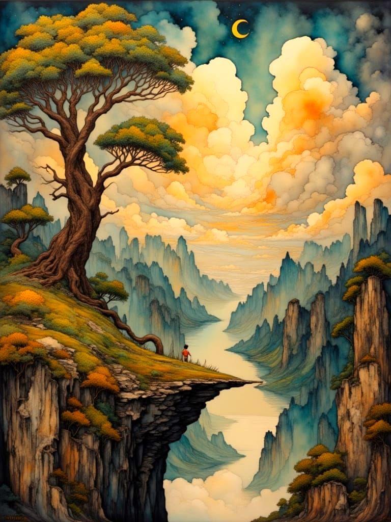 Ethereal Path Around a Giant Tree in Cloudy Mountains