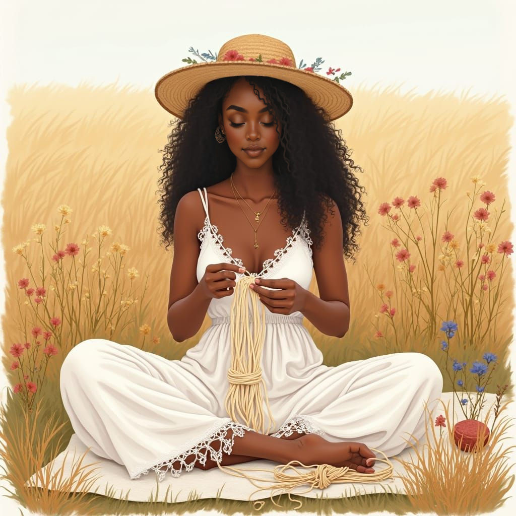 Sultry Boho Chic Woman Creates Macrame in a Hay Field