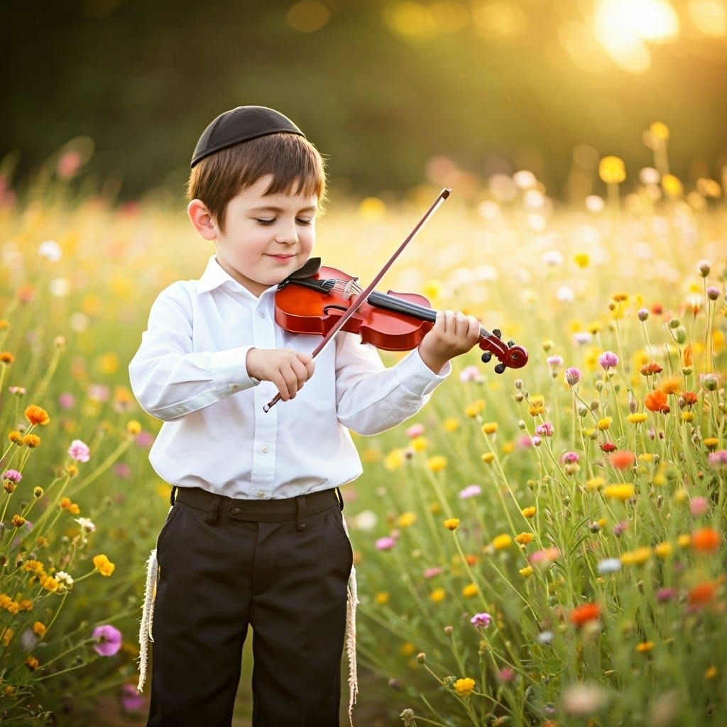 Three-Year-Old Haredi Boy Plays Violin in Vibrant Wildflower...