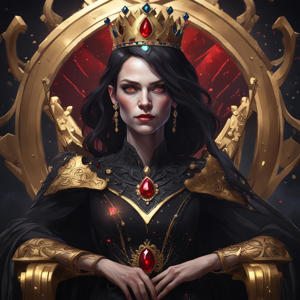 An evil queen with red eyes sitting on her throne.