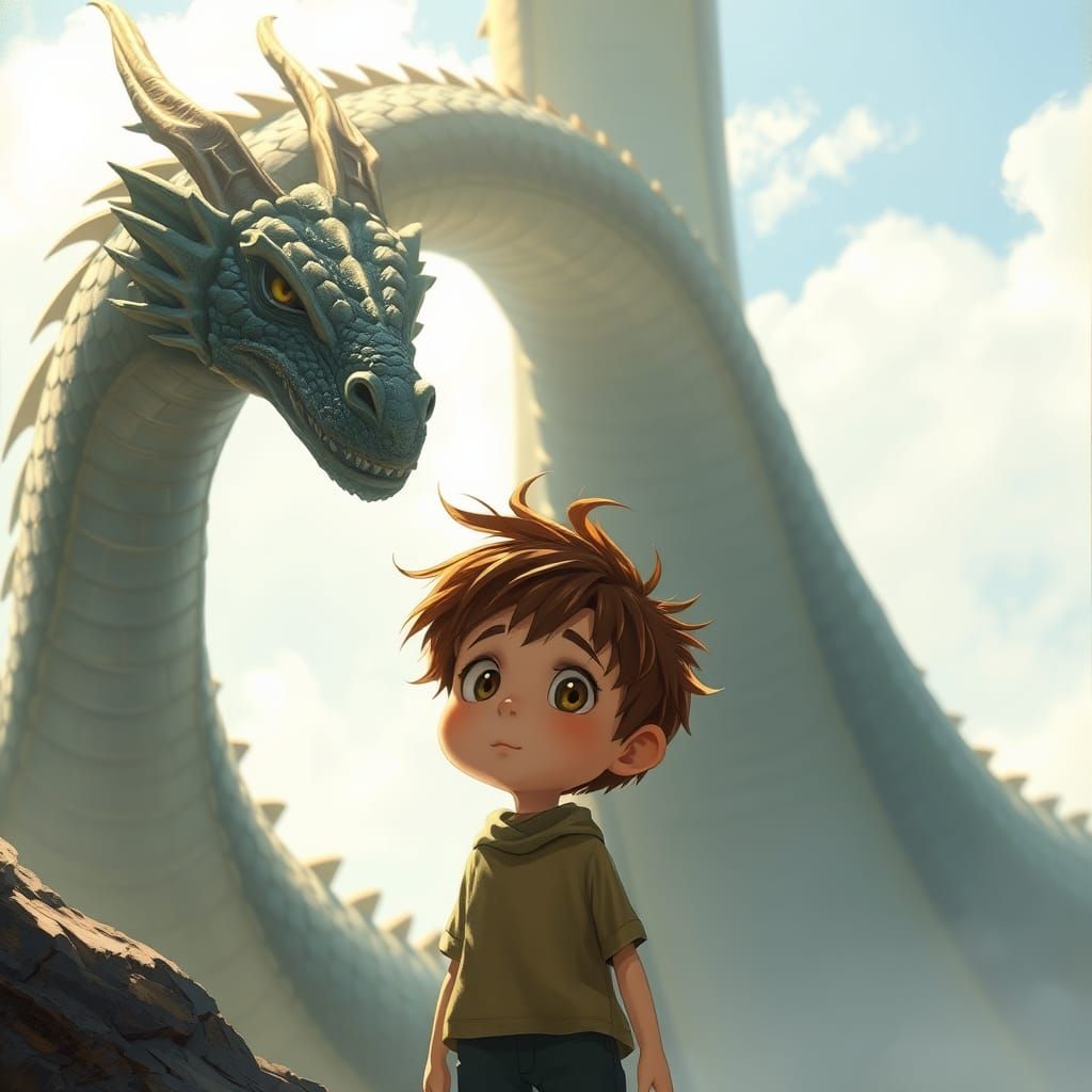 Boy Faces Serpentine Dragon in Whimsical Harmony