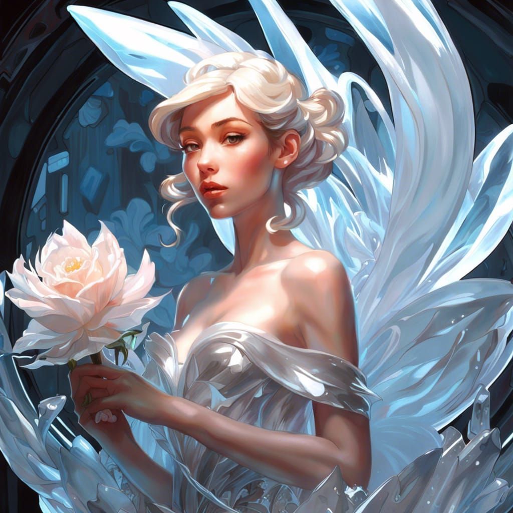 Fairy Ice Sculpture on Flower, Illustrative Style
