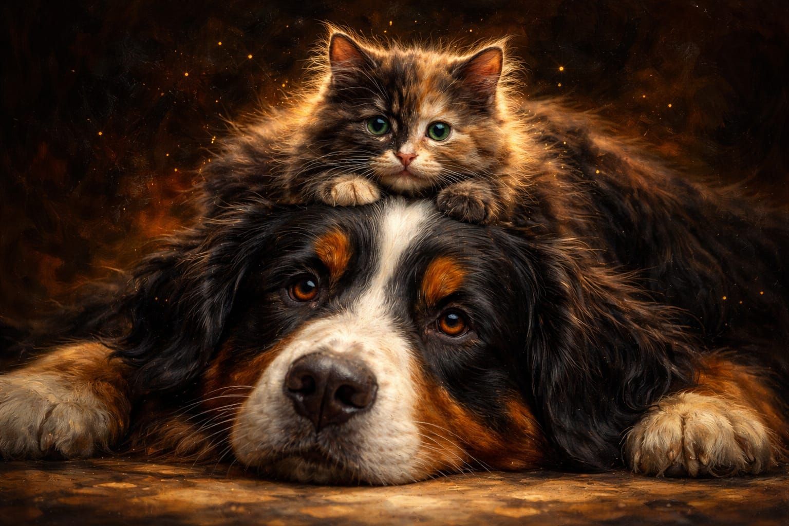 Bernese Mountain Dog and Kitten Friendship in Warm Oil Paint...