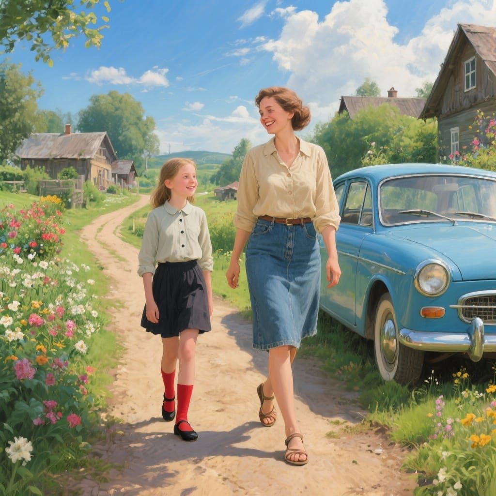 Photorealistic Rural Scene With Woman and Girl