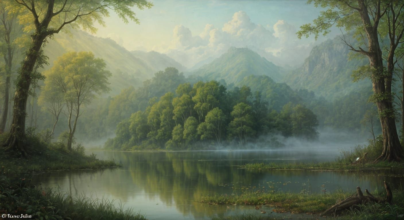 Misty Forest Lake Oil Painting in Romantic Baroque Style