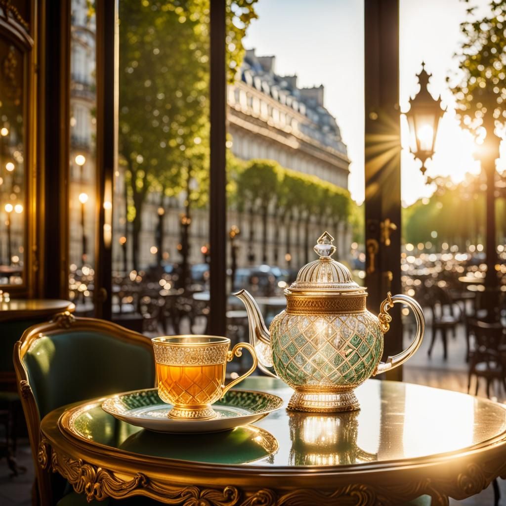 Parisian Cafe Interior with Tea at Sunset