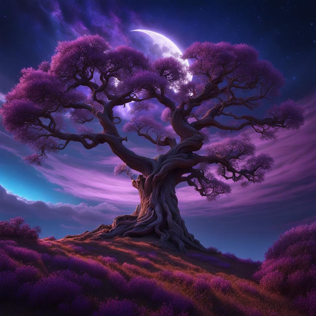 Majestic Celestial Tree Under Crescent Moon