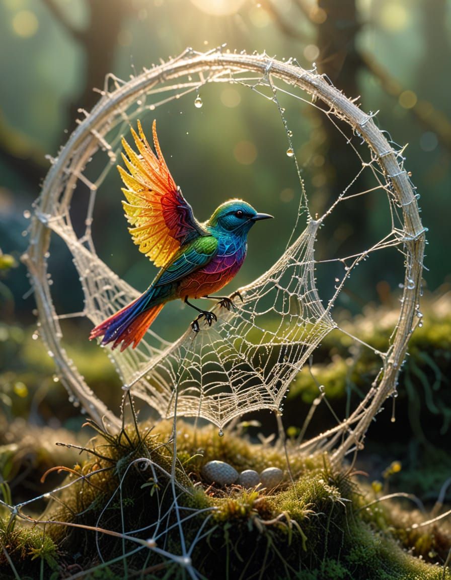 Intricate Spiderweb Aviary in Sunrise Light