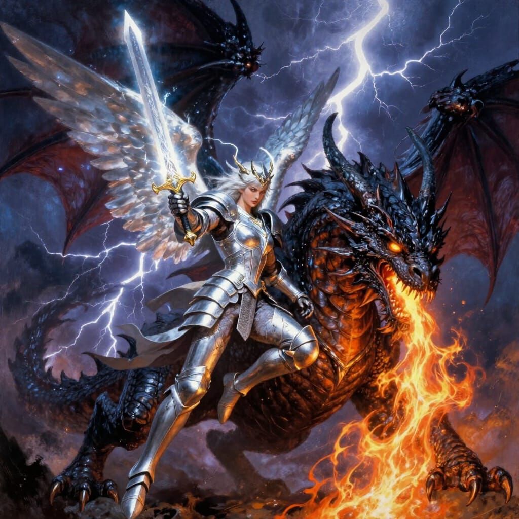 Angel Warrior Battles Demon Dragon in Epic Fantasy Style
