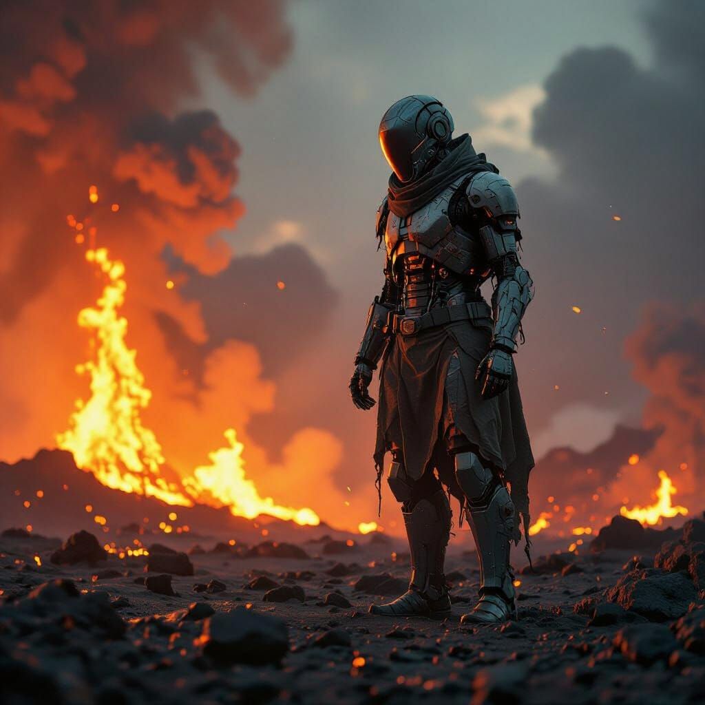 Cyborg in Volcanic Eruption, Cinematic Film Still