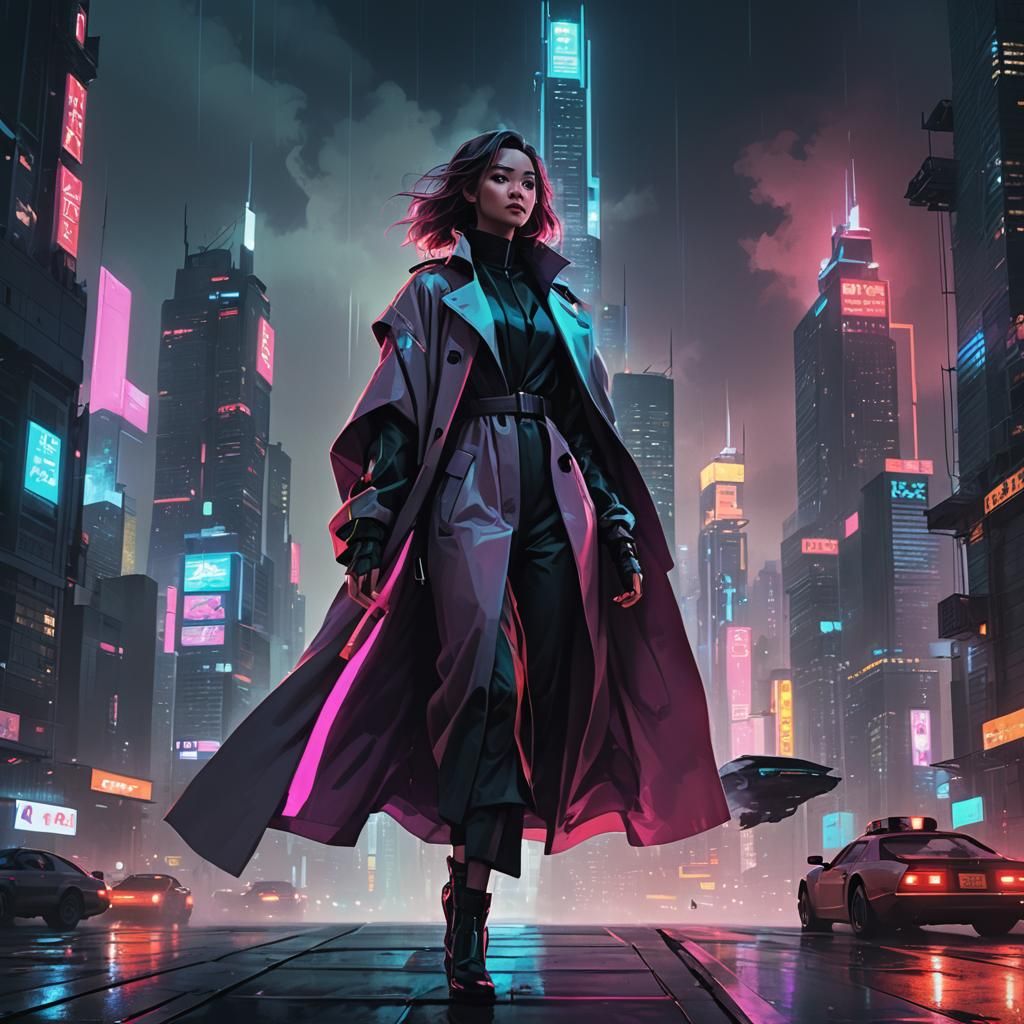 Neon-Noir Woman in Solarpunk Cyberpunk Cityscape