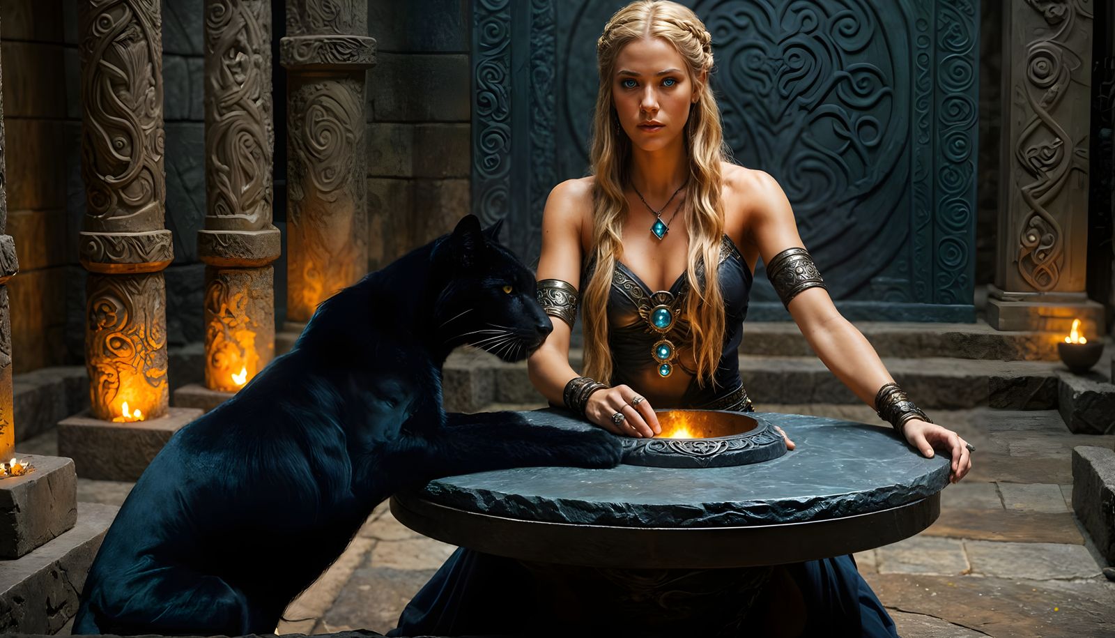 Dark Fantasy Oracle Sits at Ancient Temple Altar