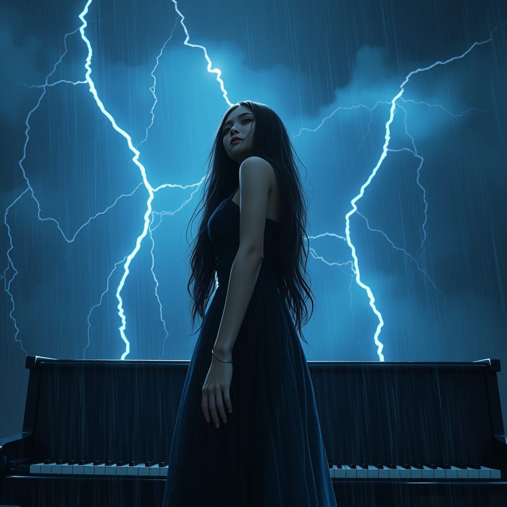 Woman in Storm with Piano, Hyperdetailed Portrait