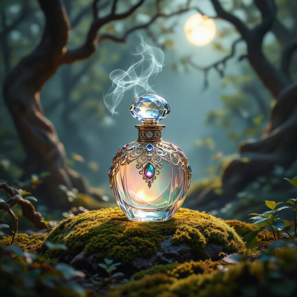 Ornate Perfume Bottle in Moonlit Forest, Art Nouveau Style